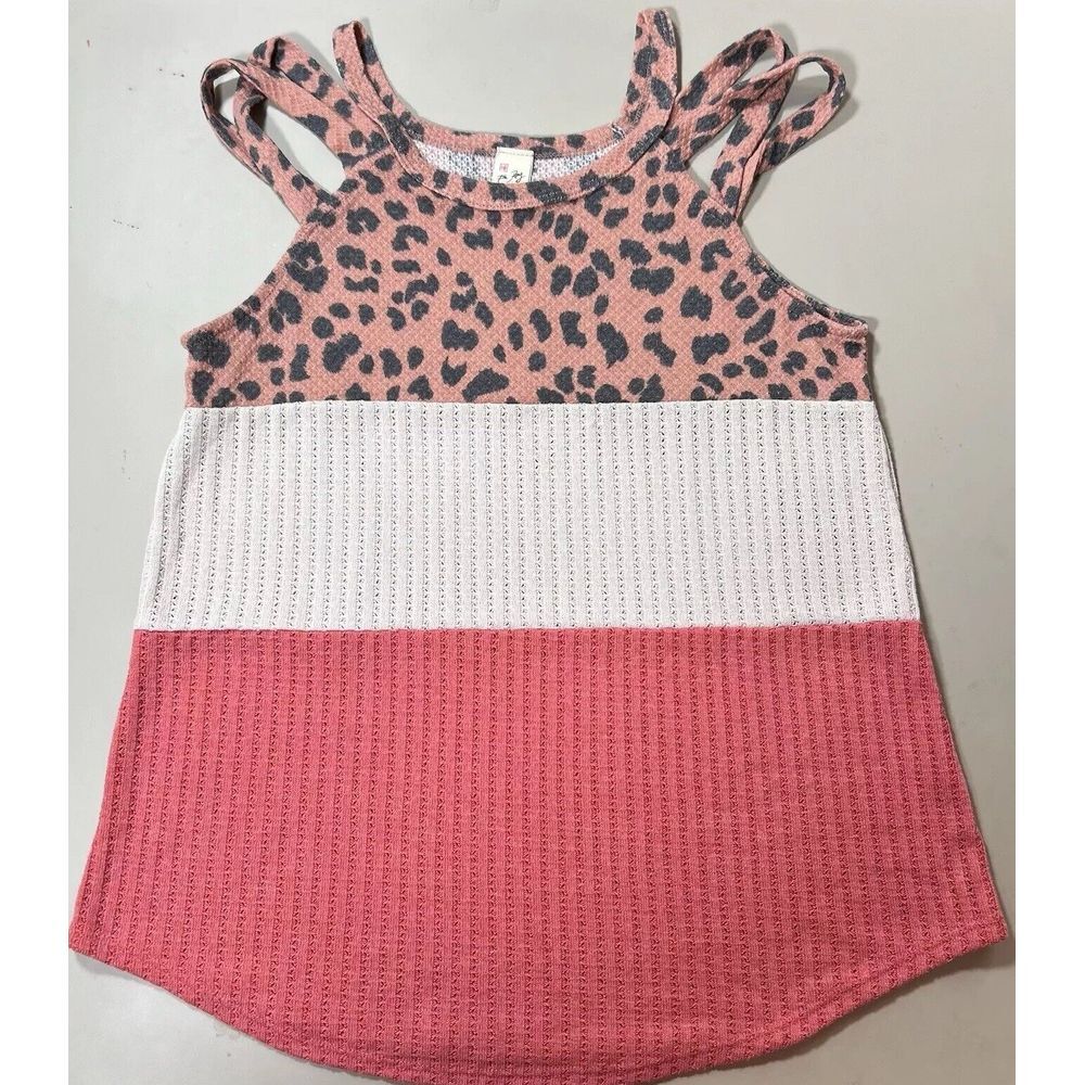 7th Ray Women Pink Leopard Colorblock Waffle Knit Cold Shoulder Tank Top L T4019
